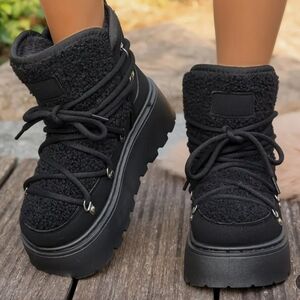 Women's Black Warm Snow Boots with Thick Sole